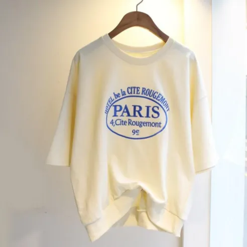 파리 자수 오버핏 여자 반팔 맨투맨 티셔츠