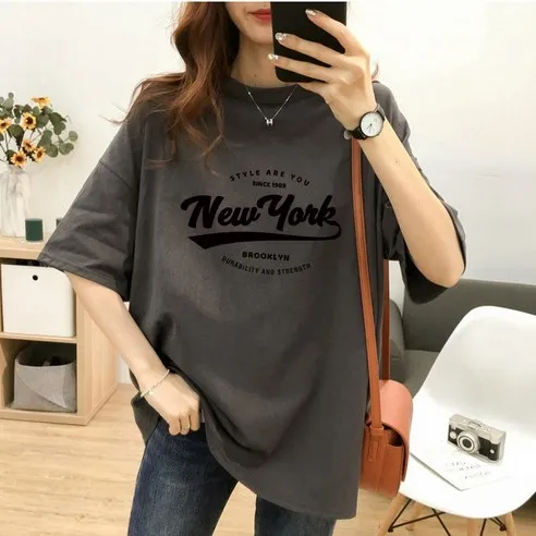 스타일아유 여성 여름용 오버핏 반팔 티셔츠 순면 빅사이즈 원작 Newyork 레터링 루즈핏 반팔티 롱티 자체제작