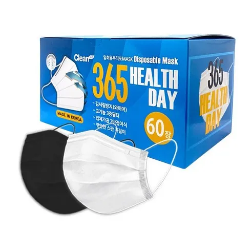 크린테크 365헬스데이 국산 일회용 귀안아픈 마스크 성인용 60매입(흰색/검정색/파란색/검정&회색)