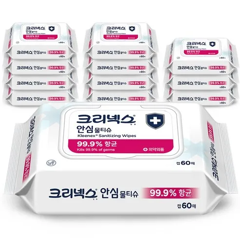 크리넥스 안심 물티슈 캡형  60매, 12개